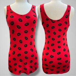 No Bo Boundaries Red Tank Top with Black Lips Print Valentines Day Size L
